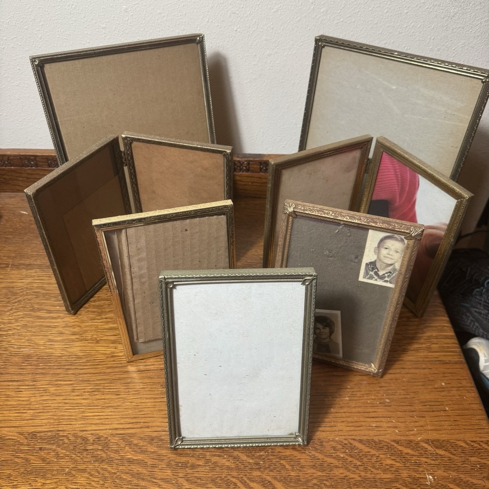 Lot of 7 Vintage Metal Photo Frames 8x10 5x7 Folding Double Gold Tone